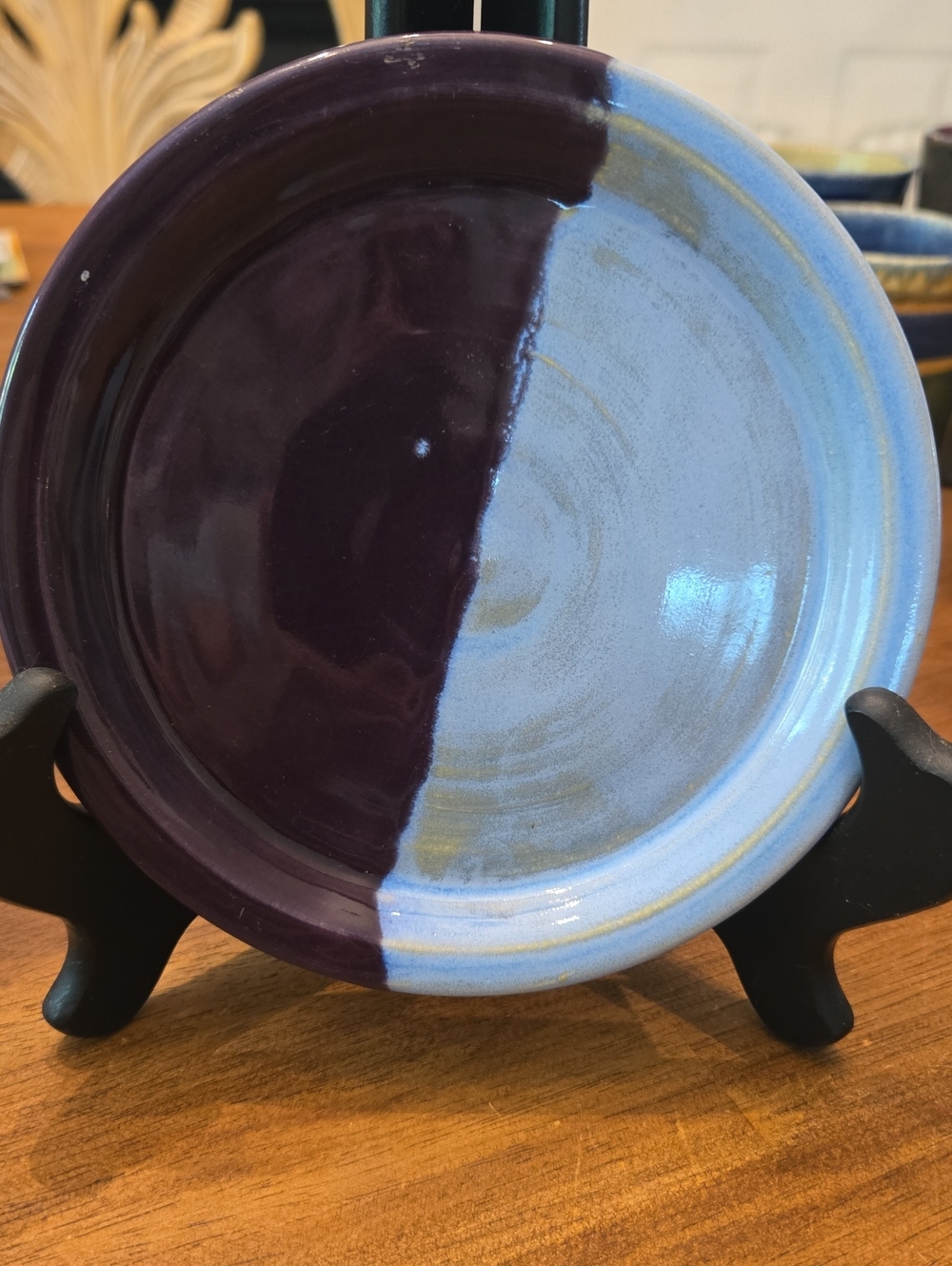 Un-marked Handcrafted Two-Tone Glazed Ceramic Plate - Purple & Light Blue